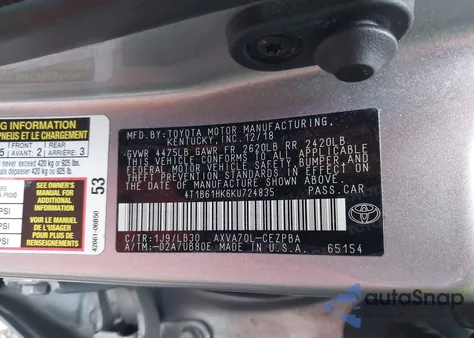 2019 Toyota Camry Xse z USA, uszkodzony, nr VIN 4T1B61HK6KU724835